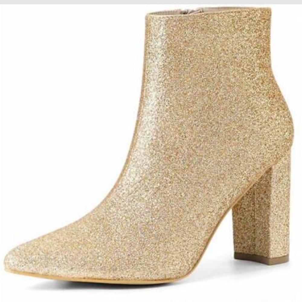 Allegra K Glitter Pointed Toe Chunky Heel Boots